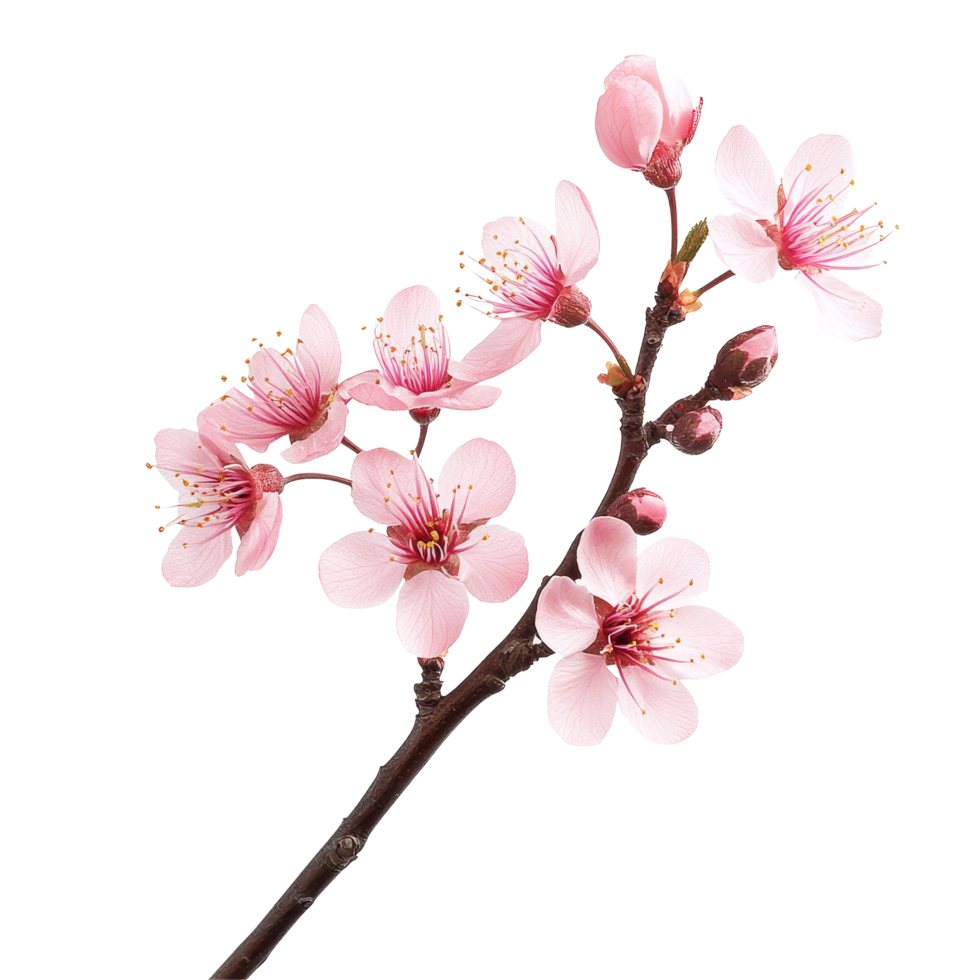 A delicate cherry blossom flower on a single stem isolated against a clean transparent background, Cherry Blossom flower single stem isolated on transparent backgroud png
