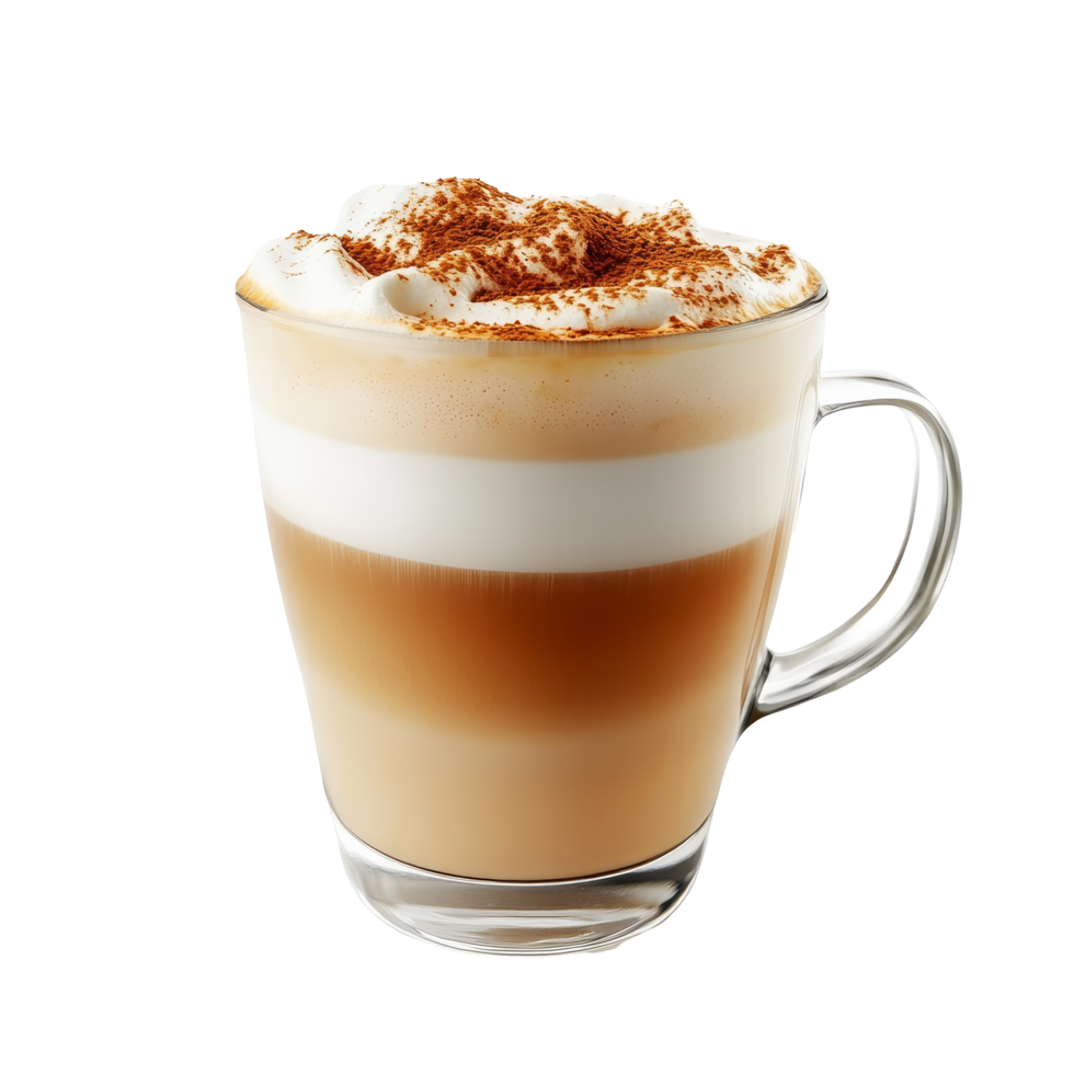 Delicious cappuccino topped with creamy foam and dusted with cocoa on a bright transparent background, Delicious cappuccino on transparent background png
