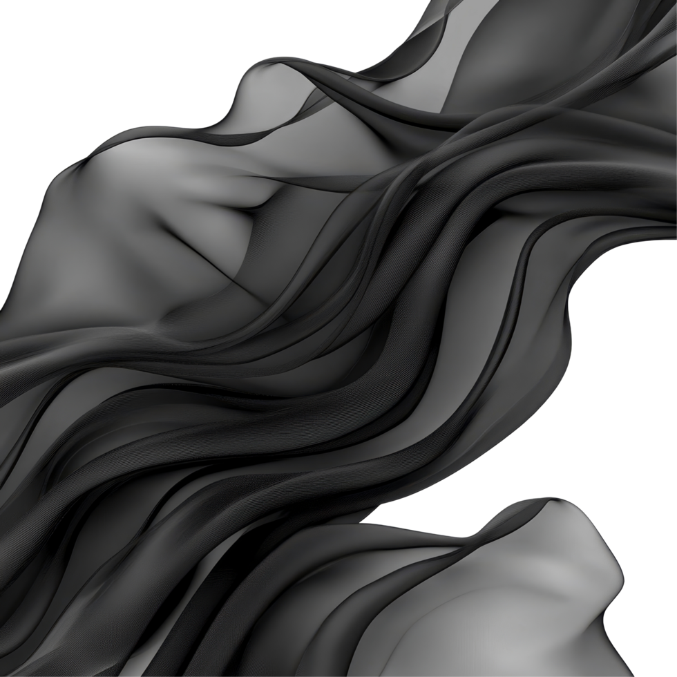 Elegant black fabric waves gracefully flow across a clean transparent background showcasing movement and texture, Elegant Black Fabric Waves on transparent background png