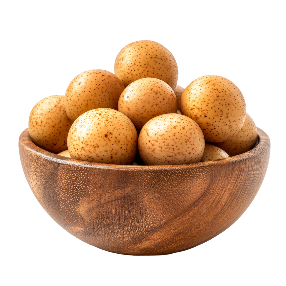 Fresh longan in a wooden bowl displaying natural textures against a clean transparent background, fresh longan in wood bowl isolated on transparent background png