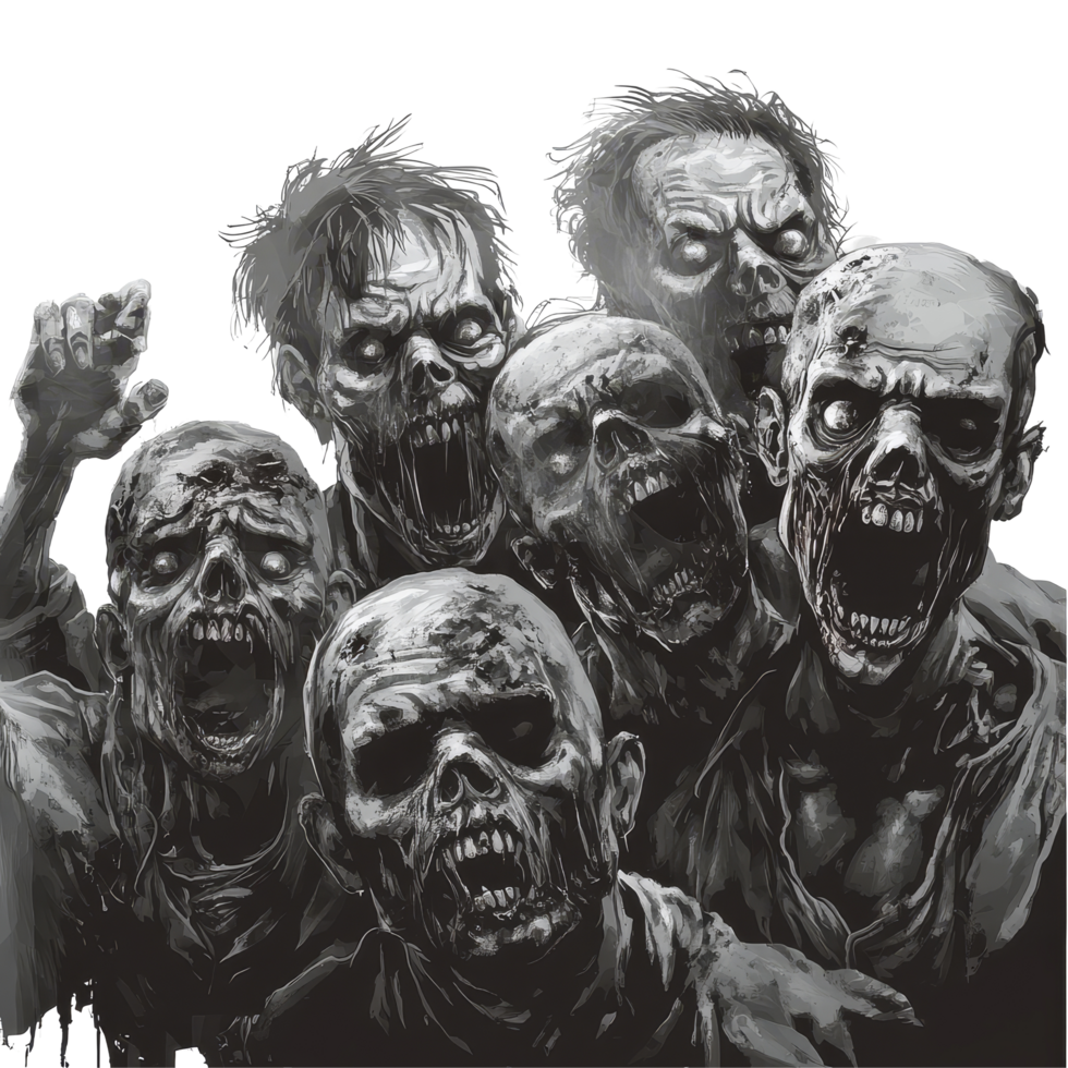 A horde of terrifying zombies emerging from a dark background, ready to instill fear in any horror enthusiast, Terrifying Zombies on Transparent Background, Horror Concept, banner png