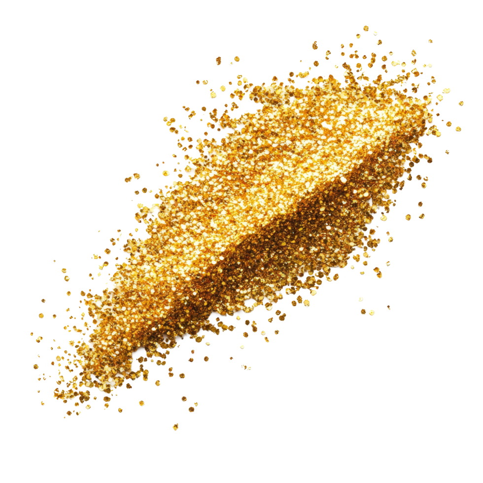 Gold glitter sprinkled in a vibrant shape atop a clean transparent background, creating a stunning visual contrast, gold glitter shape on a transparent background png