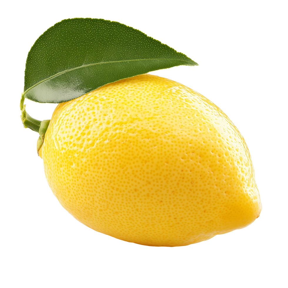 Fresh, bright lemon with green leaf isolated against a clean transparent background for culinary and decorative purposes, lemon isolated in transparent background format png