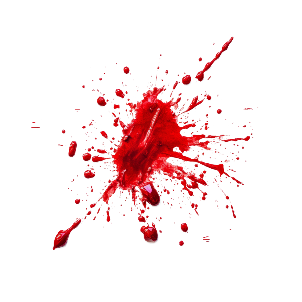 Blood splatter vividly contrasting against a stark transparent background in a horrorinspired setting, Blood Splatter on transparent background Horror scene png