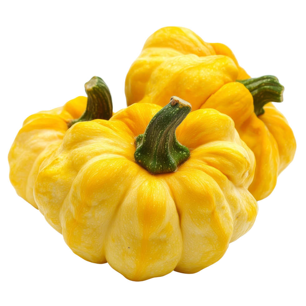 Fresh patty pan patisson squash displayed on a transparent background, showcasing its unique shape and vibrant color, patty pan patisson squash on transparent background png