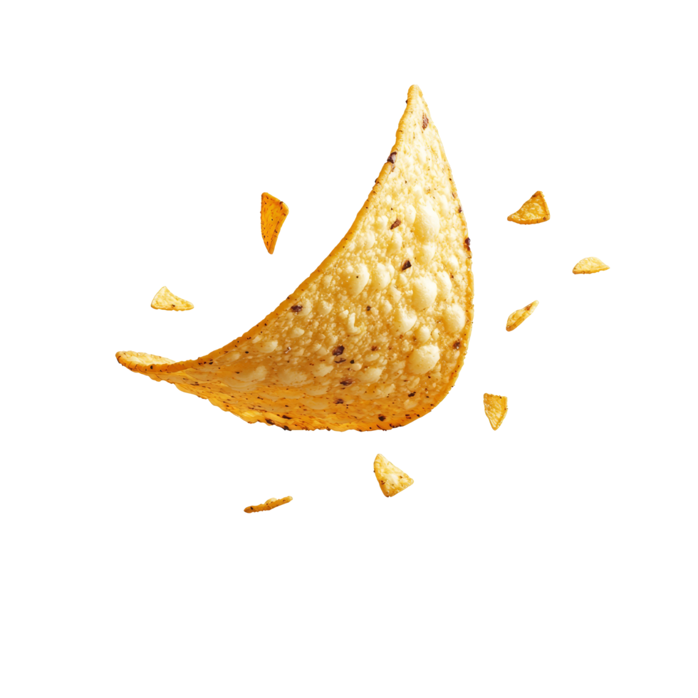 Tortilla chip flying in the air with scattered crumbs isolated on a transparent background, tortilla chip flying in the air isolated on transparent backgroud png