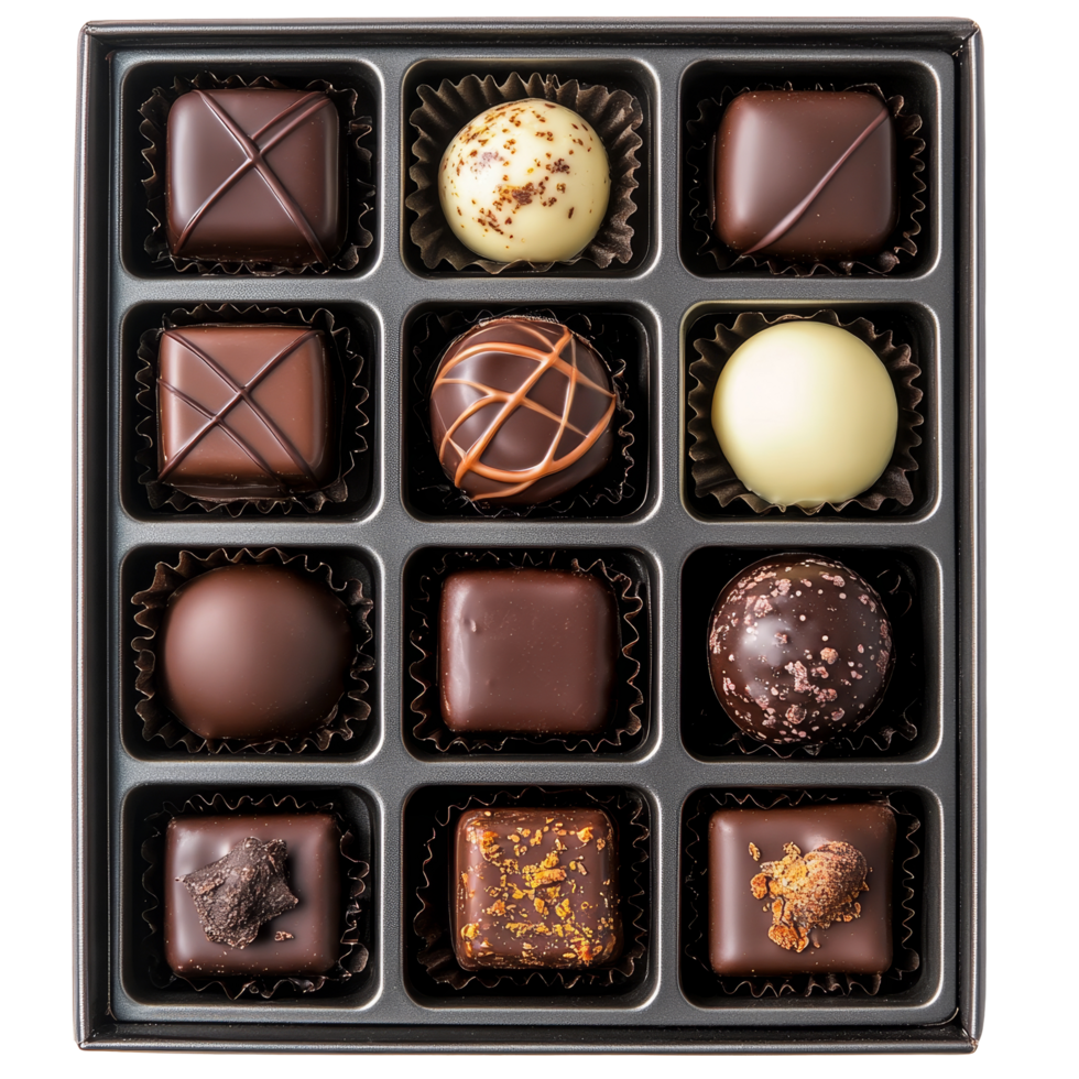 Gourmet assortment of assorted chocolates featuring various flavors in a beautifully arranged box, Assorted Chocolate Box with Variety of Gourmet Chocolates on transparent background png