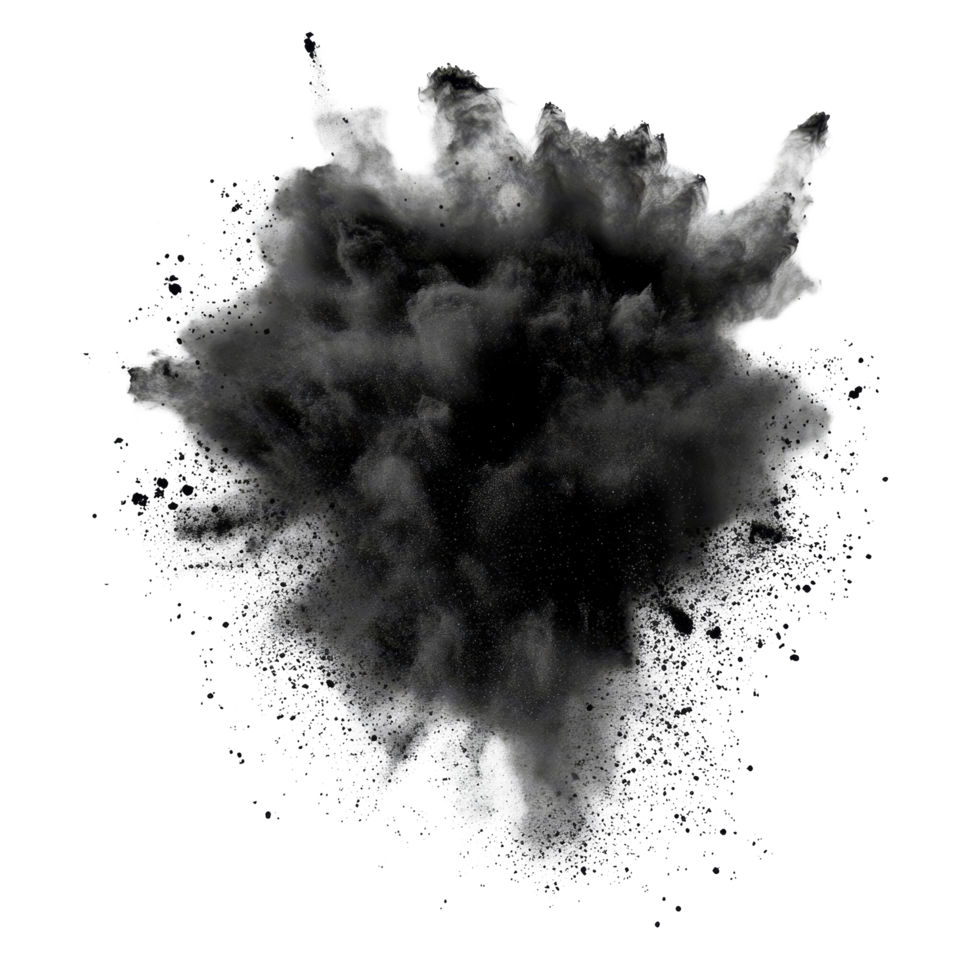 Black powder explosion creates dramatic cloud on a clean transparent background, black color powder pulver explosion isolated on transparent background png