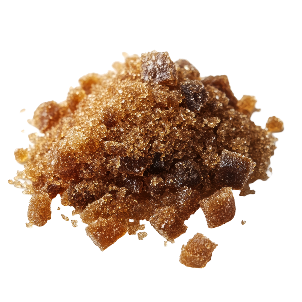 Natural palm sugar granules and chunks on a clean transparent background, highlighting their texture and color, palm sugar on transparent background png