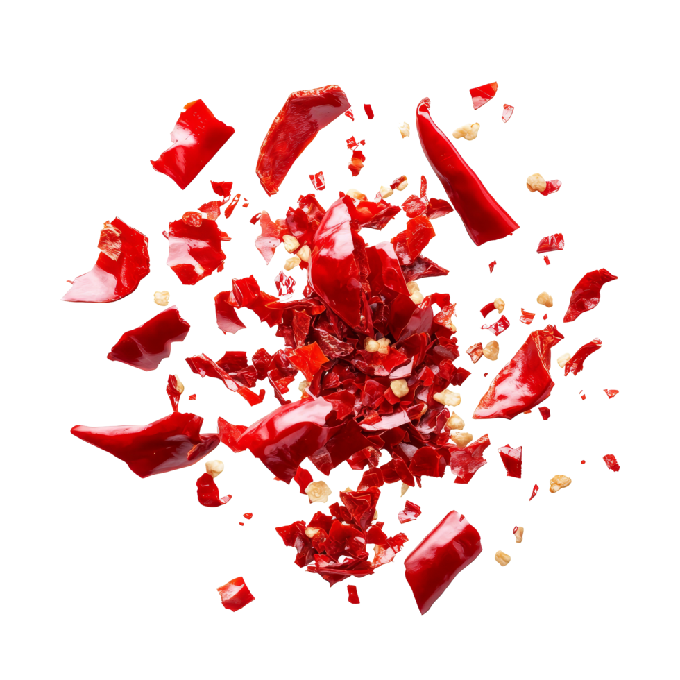 Crushed red chili pepper flakes scattered on a transparent background for culinary use and spice preparation, Red chili pepper crushed into pieces isolated on transparent background png