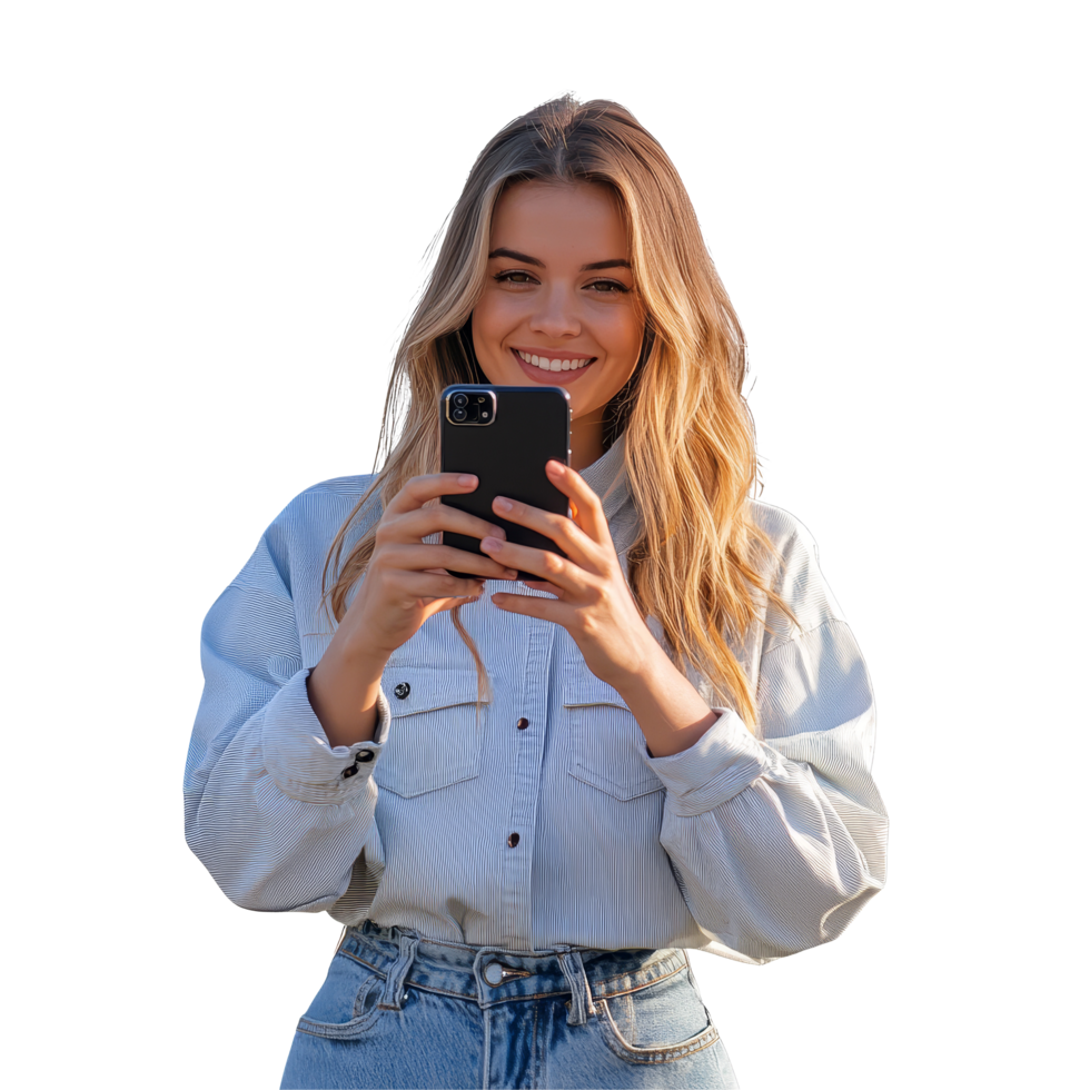 Young woman joyfully taking pictures outdoors with her smartphone during a sunny day, capturing memorable moments, Young woman taking pictures with her smartphone file no background png