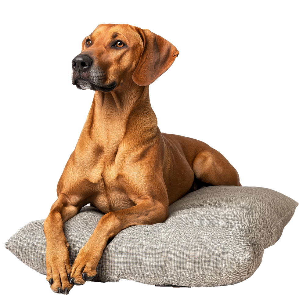 A Rhodesian Ridgeback dog lounges comfortably on a soft cushion during a tranquil afternoon indoors, Rhodesian Ridgeback Dog Relaxing on Cushion Isolated on transparent background png