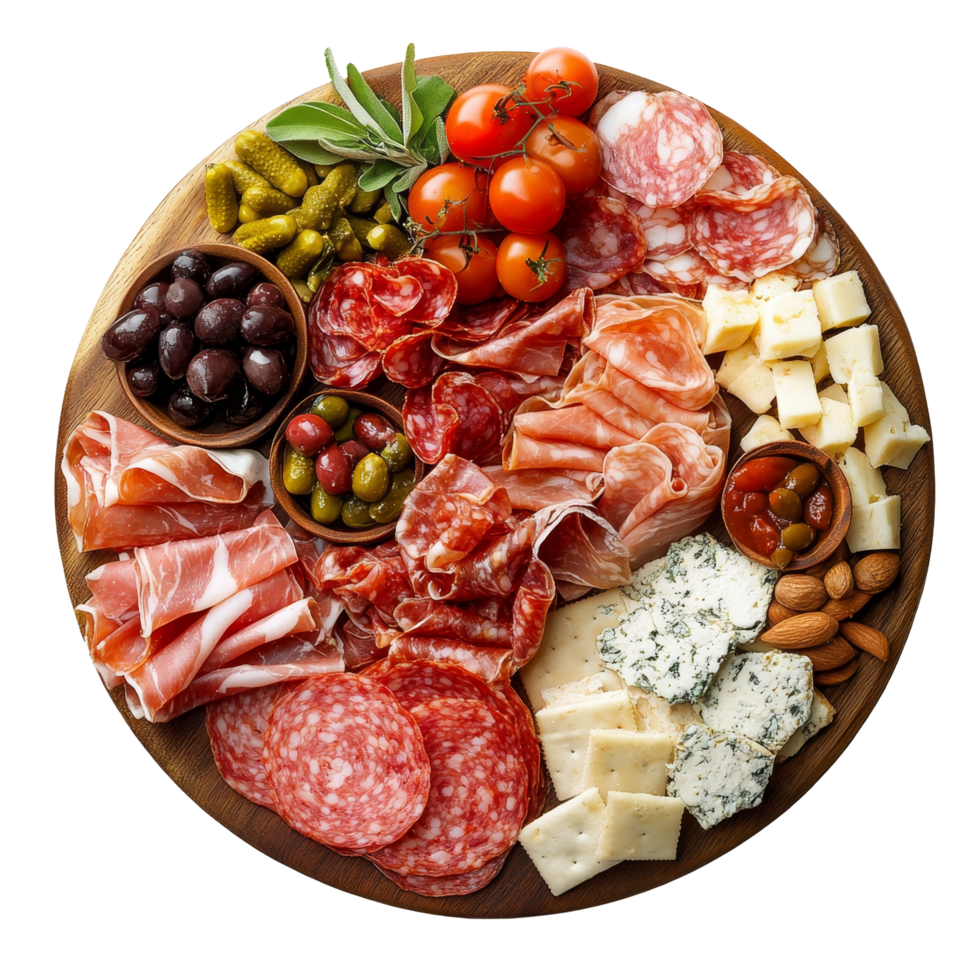 A beautifully arranged charcuterie platter featuring meats, cheeses, olives, and fresh tomatoes on a transparent background, Charcuterie platter on transparent background png
