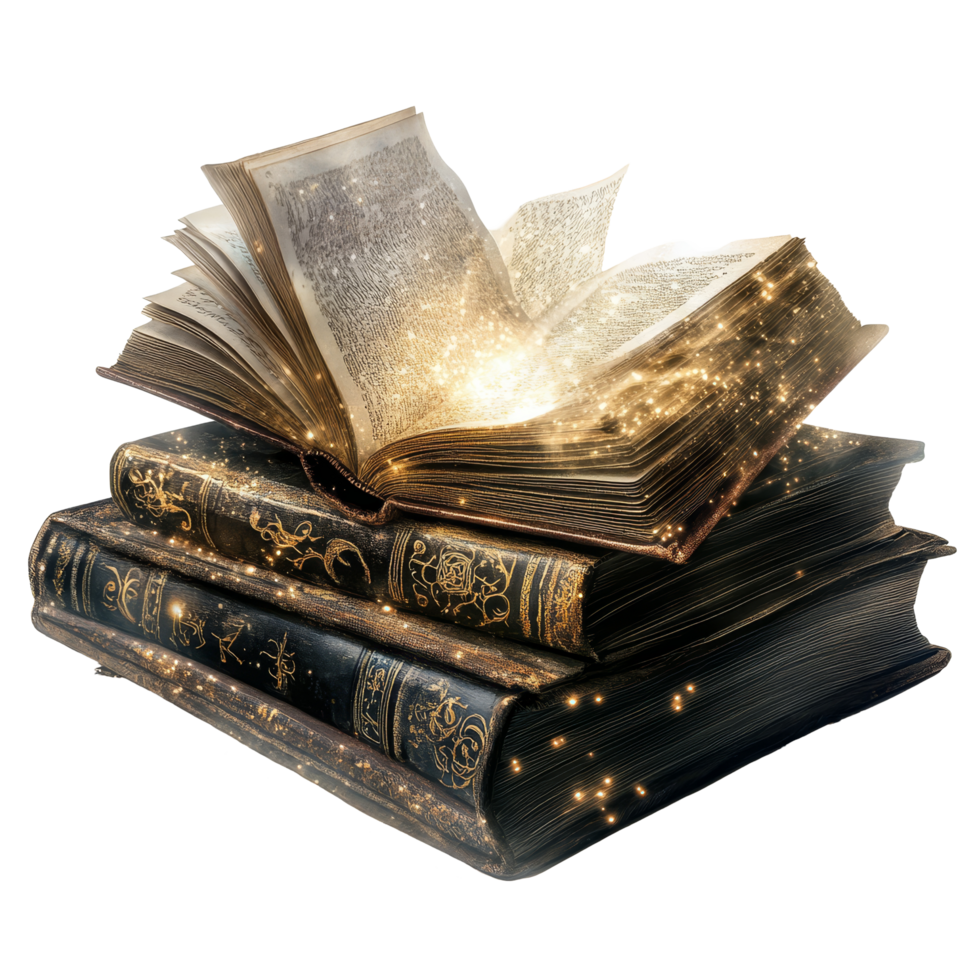 Magical enchanted books with glowing pages and sparkles isolated on a transparent background, evoking mystery and wonder, Enchanted Magic Books Isolated on transparent background png