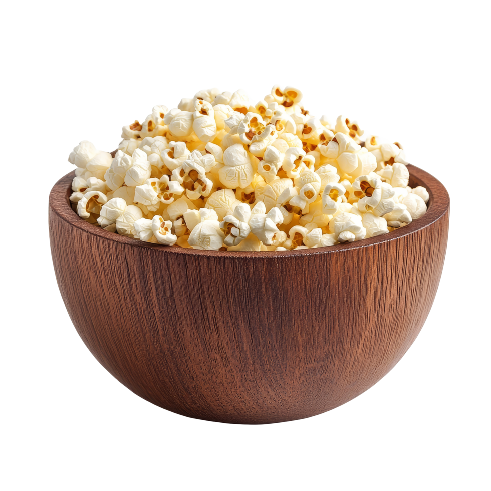Freshly popped popcorn in a wooden bowl ready for snacking on a clean transparent surface, Popcorn in a wood bowl on transparent background png