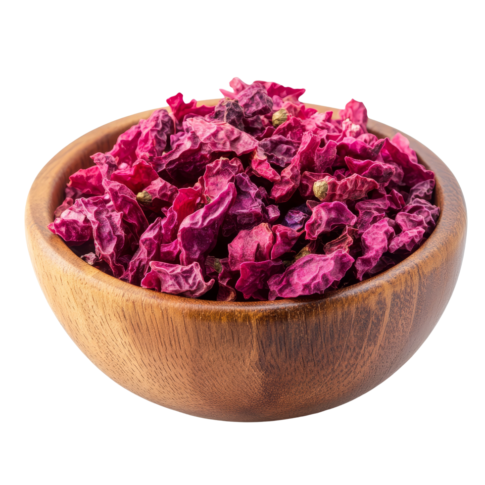 Dried pink peppers in a wooden bowl on a bright transparent background showcasing vibrant colors and natural textures, dried pink peppers in wood bowl isolated on transparent background png