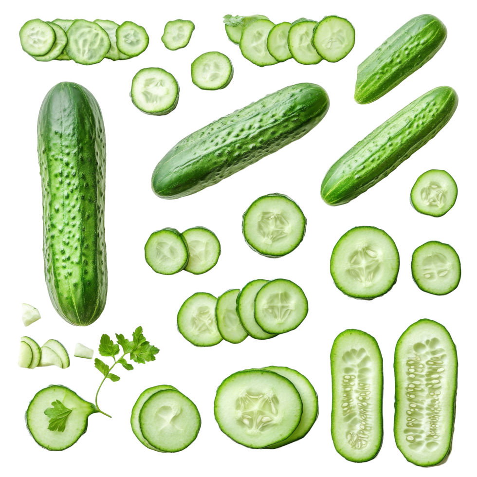 Fresh cucumbers and their vibrant green slices on a clean transparent background showcasing healthy produce and culinary versatility, Cucumber and slices isolated on transparent background png