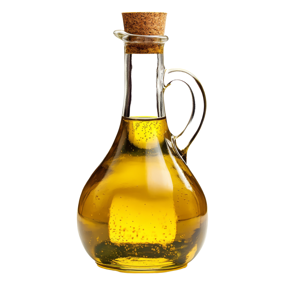 Elegant glass bottle filled with golden olive oil, perfect for culinary use and healthy cooking essentials, Olive oil in a glass bottle isolated png