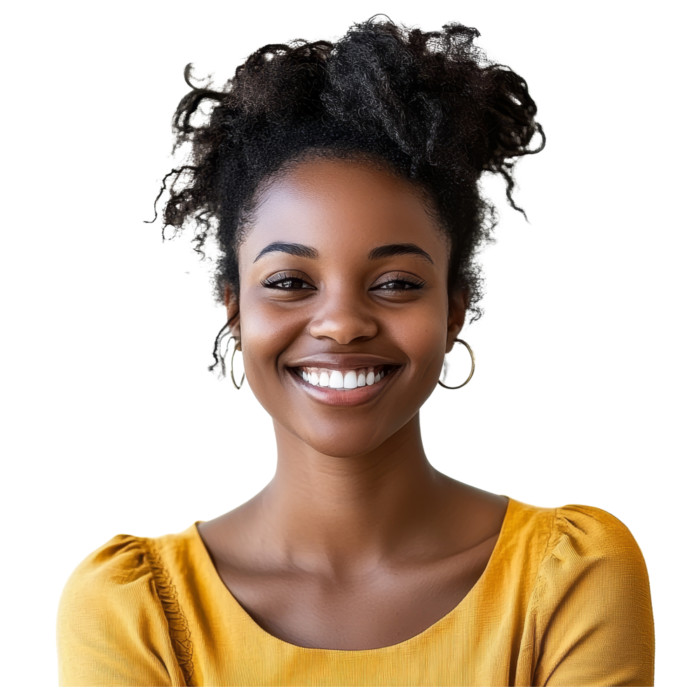 Joyful expression of a black woman with curly hair in a yellow top, smiling brightly against a neutral background, portrait of a black woman happy female isolated on transparent background png