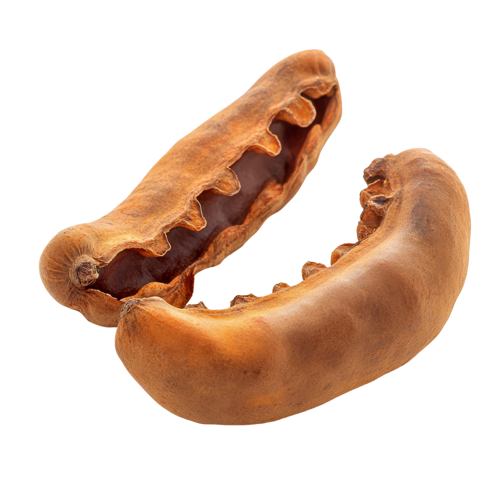 Detailed view of opened velvet tamarind fruit showcasing its unique outer shell and inner pulp, velvet tamarind fruit Dialium cochinchinense isolated on transparent background png