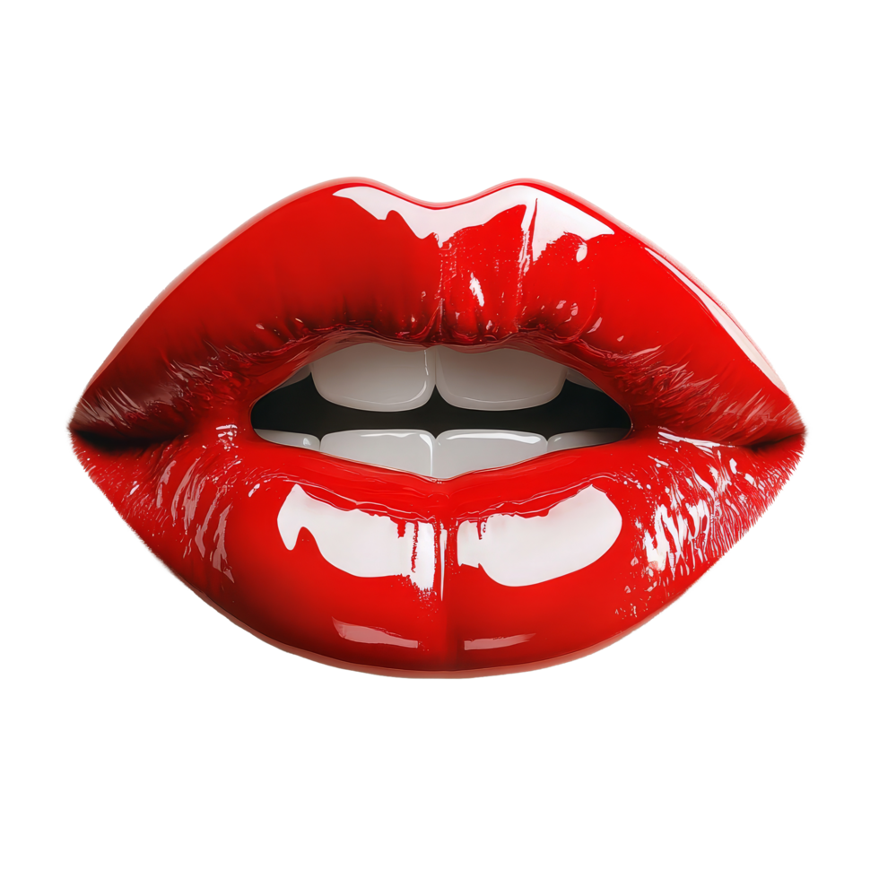 Vibrant glossy red lips resting elegantly against a clean transparent background, showcasing a bold and striking aesthetic, Glossy Red Lips on transparent background png