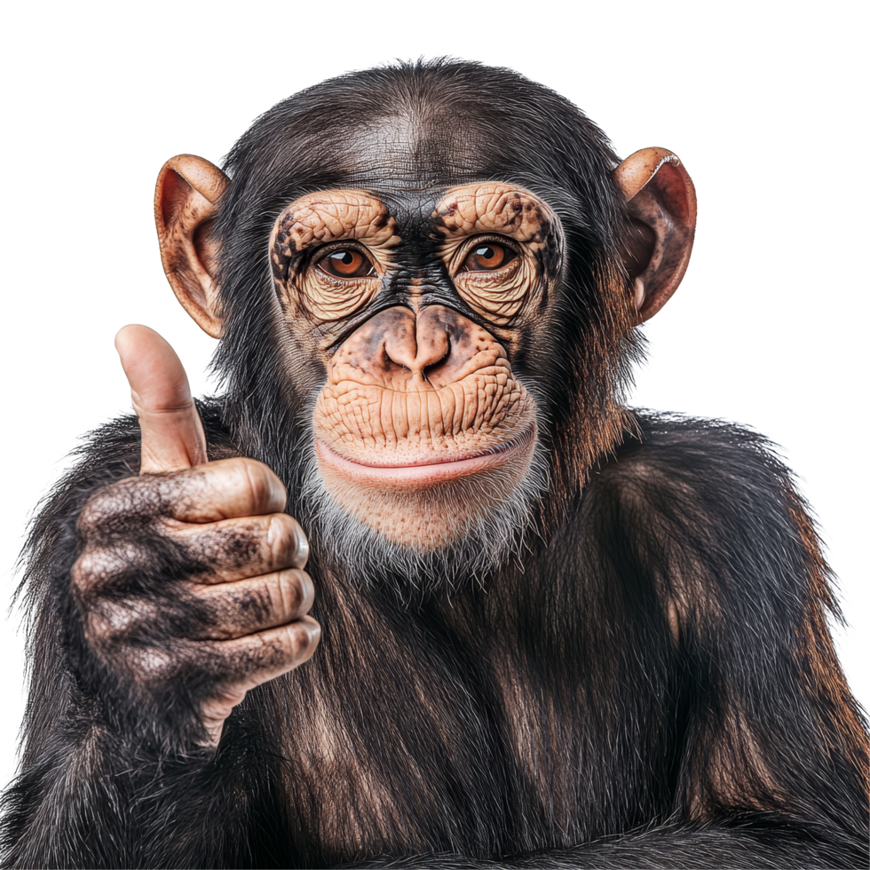 Chimpanzee giving a thumbs up gesture while isolated on a transparent background, displaying a positive expression and attitude, Chimpanzee Giving ThumbsUp Isolated on transparent background png