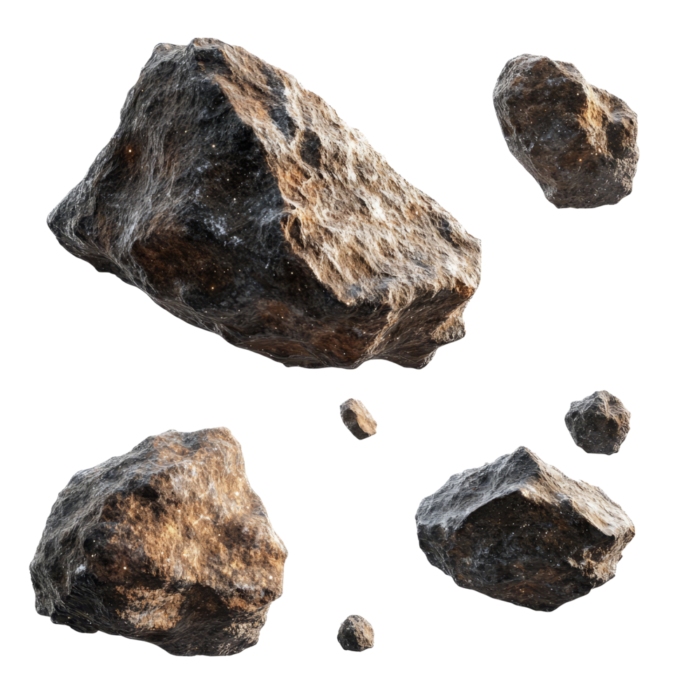 Flying asteroids in isolation captured in a cosmic setting with detailed textures and various sizes, flying asteroids isolated png