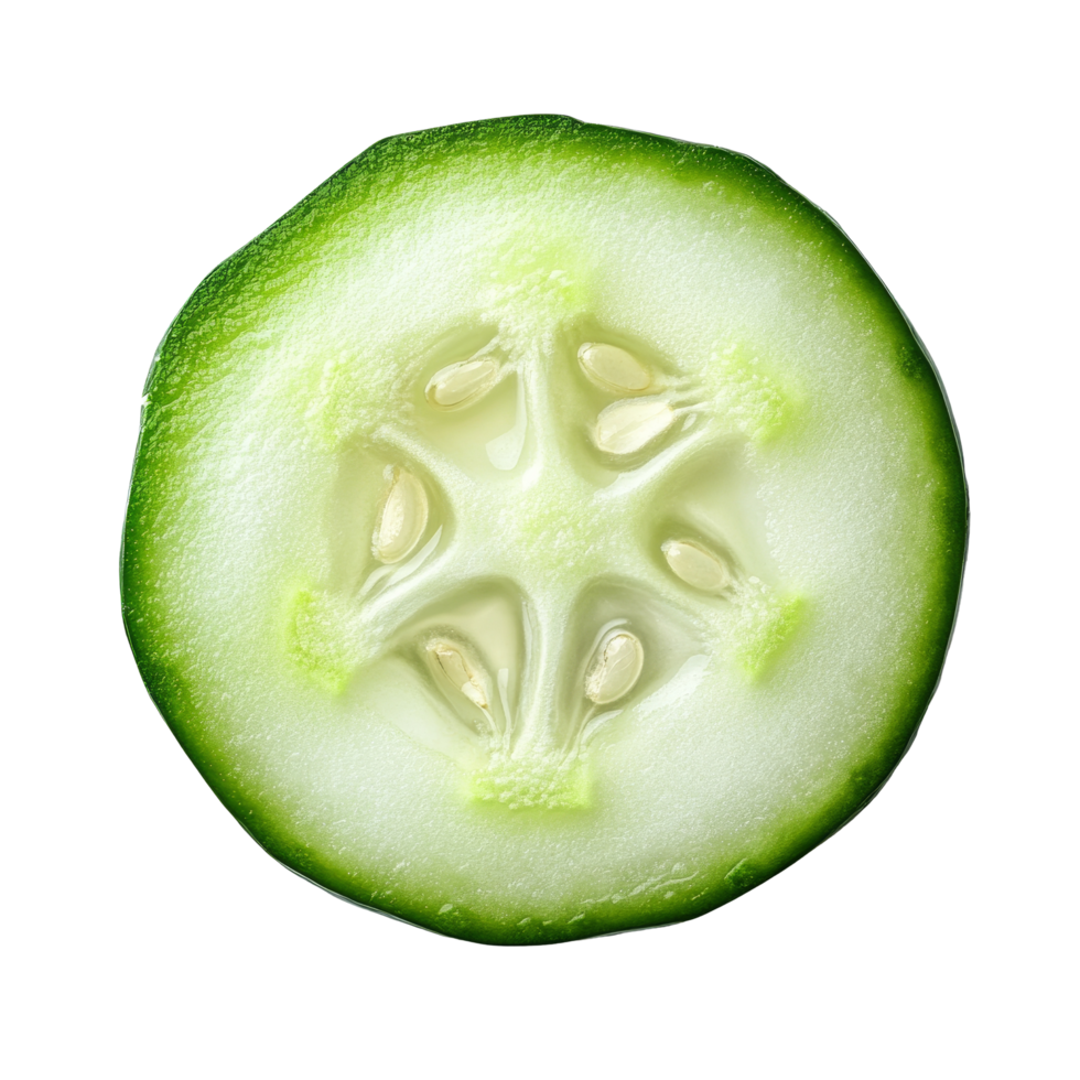 Fresh cucumber slice displayed solo on a clean transparent background showcasing its vibrant color and texture, Fresh slice cucumber isolated on transparent background png
