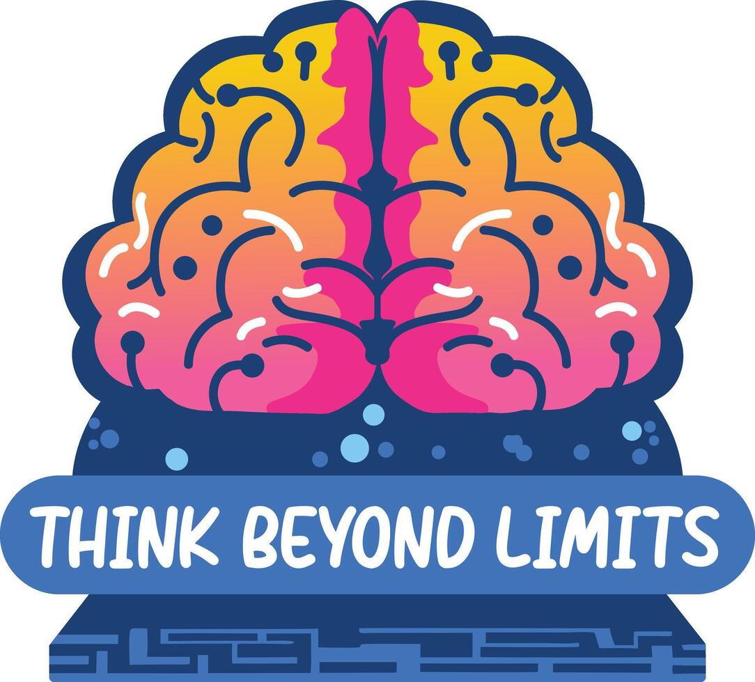 Human brain with think beyond limits text, flat sticker vector