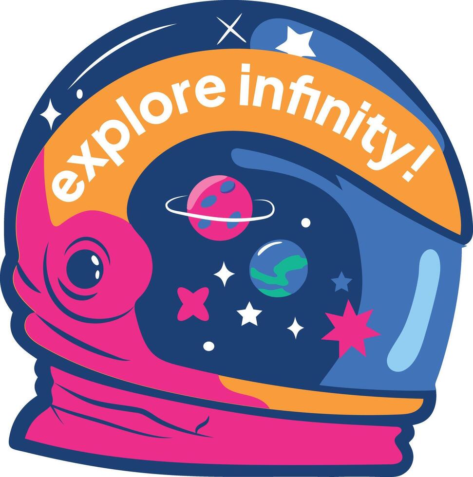 Astronaut helmet with planets and explore infinity text, flat sticker vector