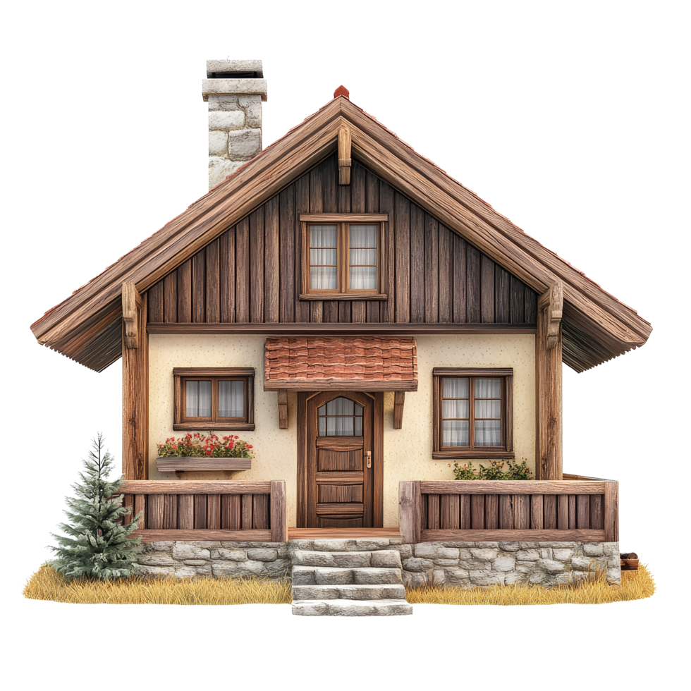 A charming chalet house with wooden accents and a stone pathway against a clean transparent background, chalet house, isolated transparent background png
