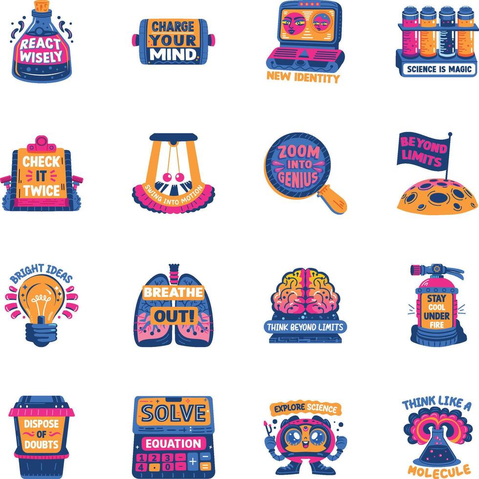 Collection of 16 Flat Style Science Stickers vector