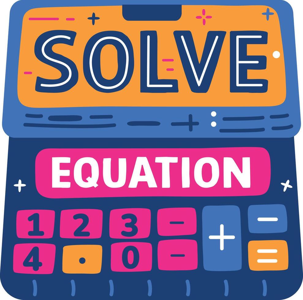 Maths calculator with solve equation text, flat sticker vector