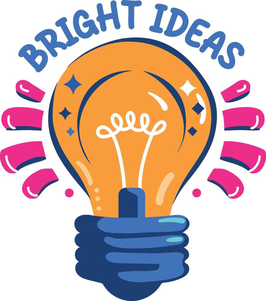 Light Bulb with bright ideas text, flat sticker vector