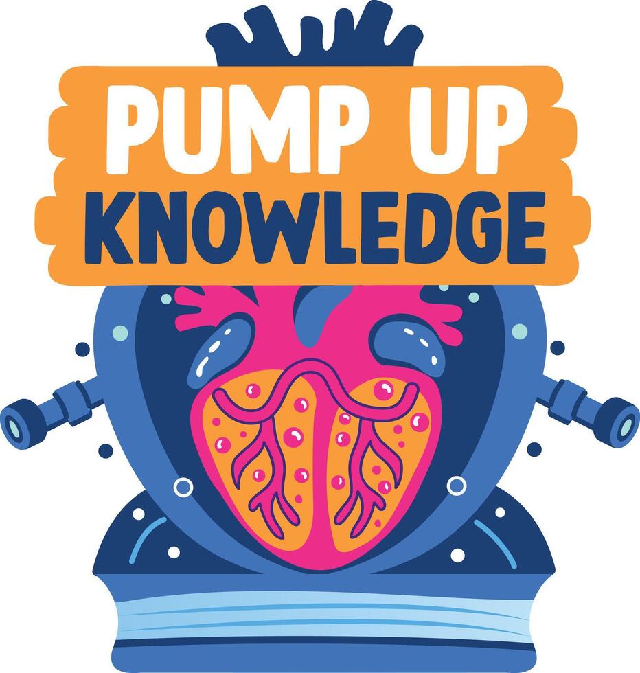 Human heart with pump up knowledge text, flat sticker vector