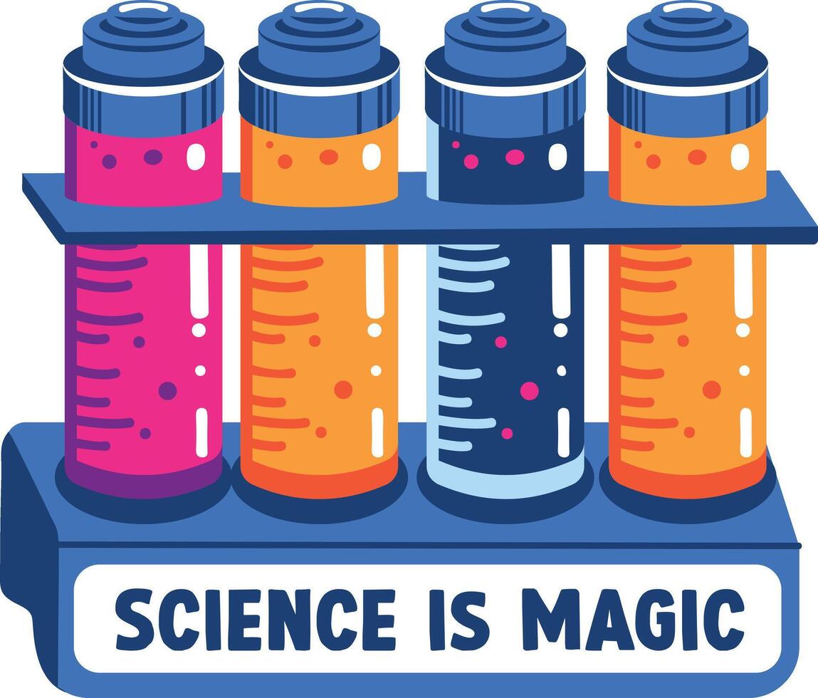 Test tubes stand with science is magic typography, flat sticker vector