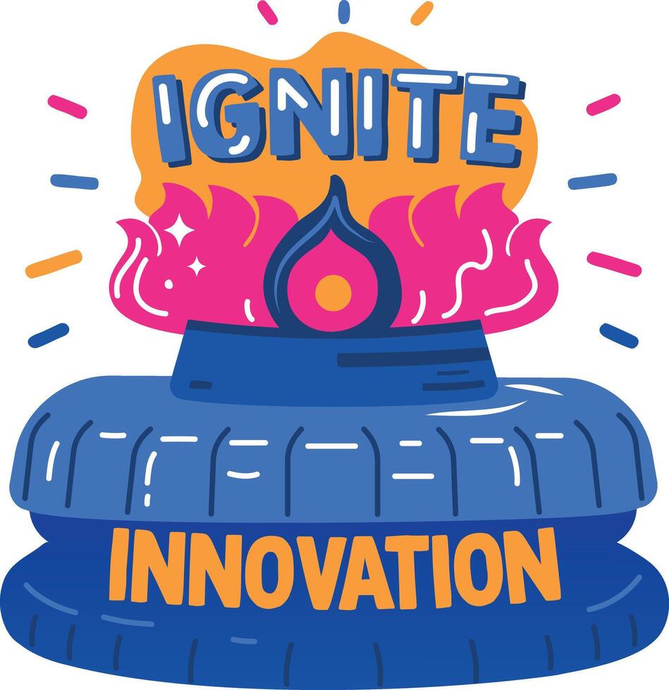 Bunsen burner with infinite innovation text, flat sticker vector