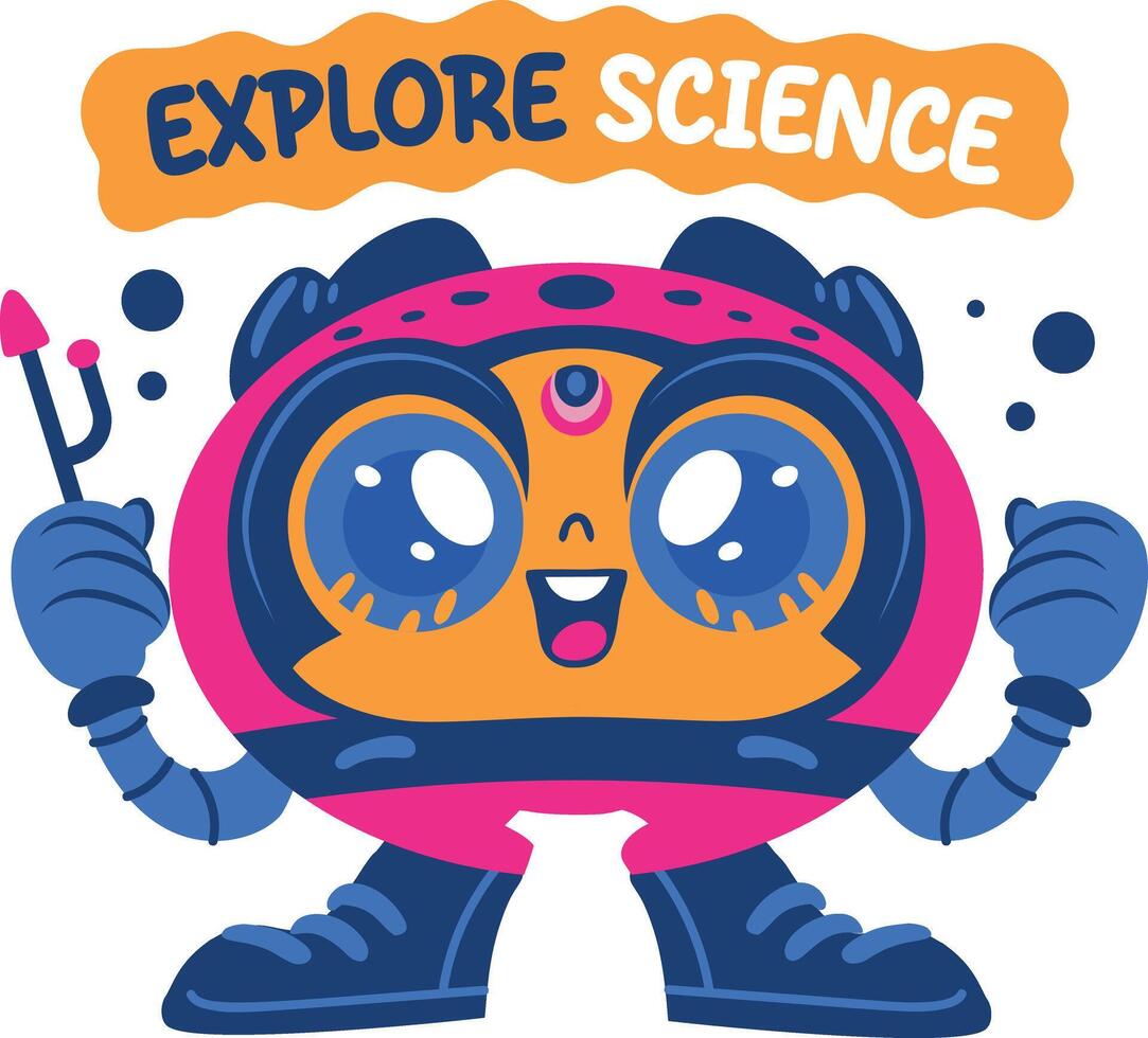 Cute robot character with explore science text, flat sticker vector