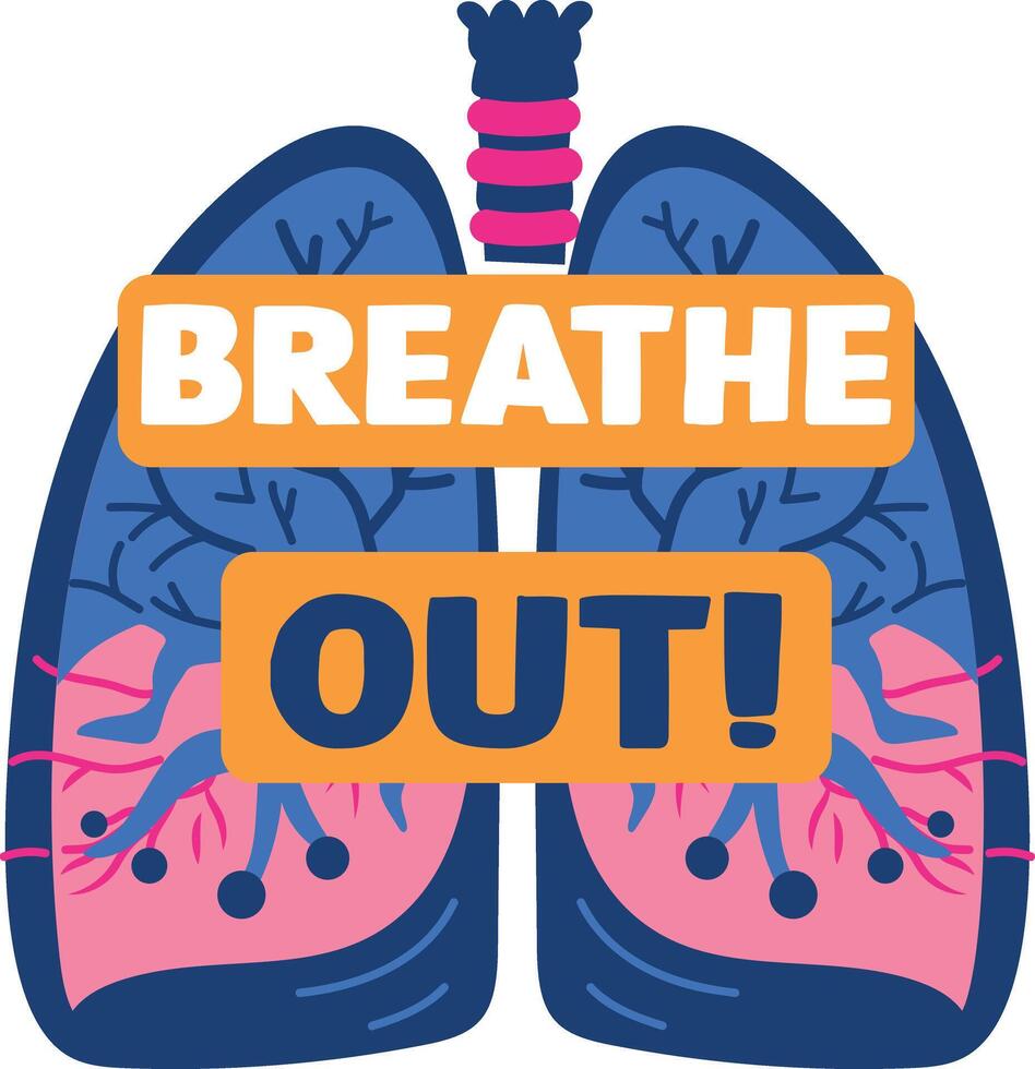 Human lungs with breath out text, flat sticker vector