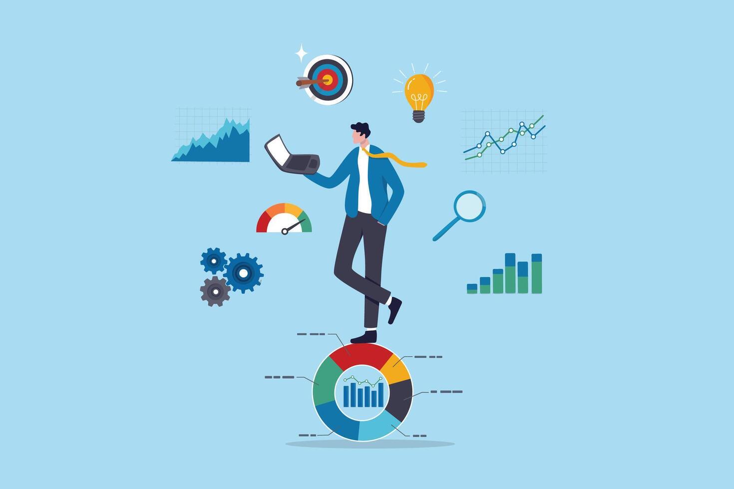 Data analysis, datum analytics or customer insight, graph and chart statistics diagram, forecasting model, predictive or data visualization concept, businessman working with data on computer laptop. vector