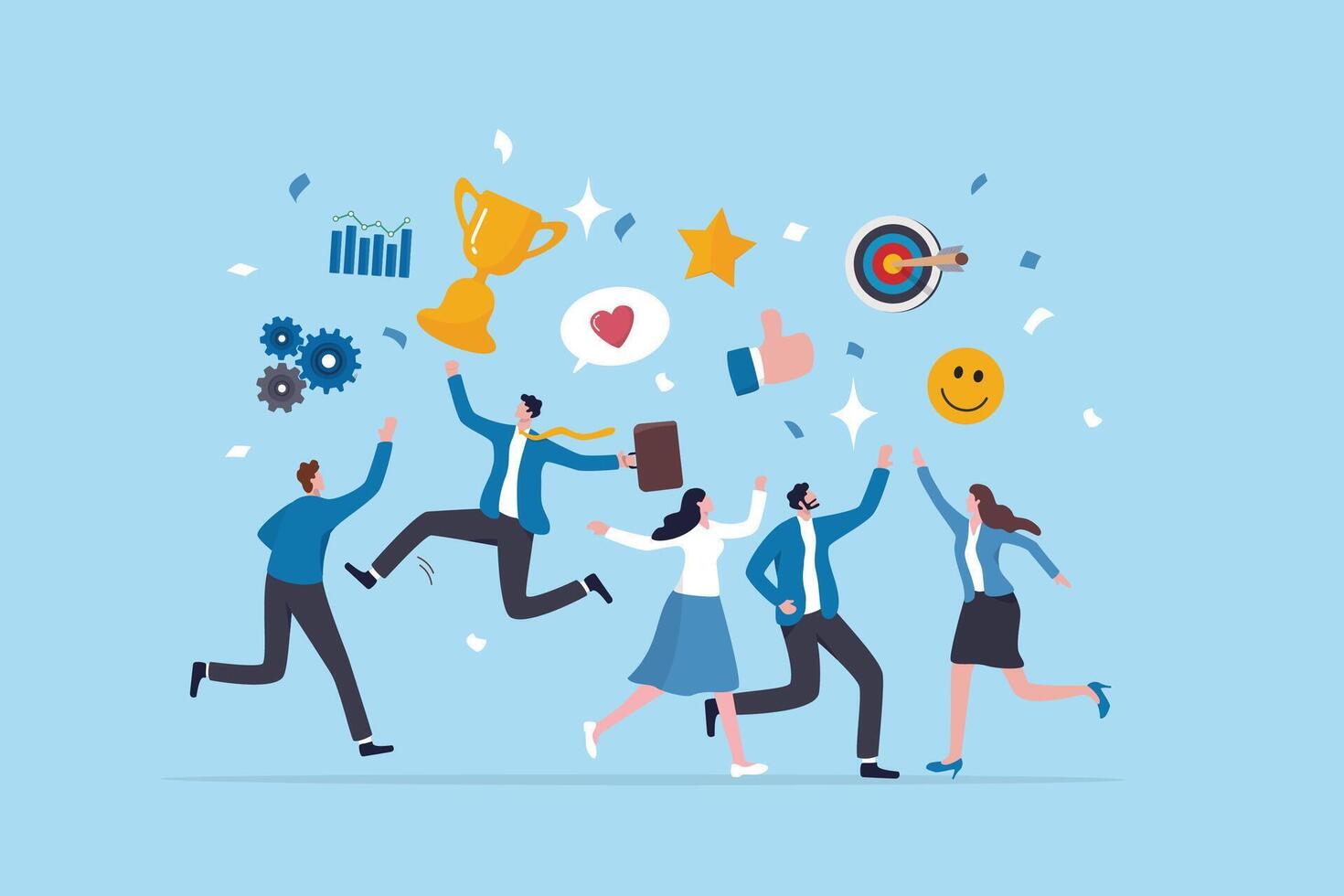 Employee engagement, work satisfaction or happiness, company commitment or employee appreciation, wellbeing or inclusive concept, happy business people employees jump with work engagement elements. vector