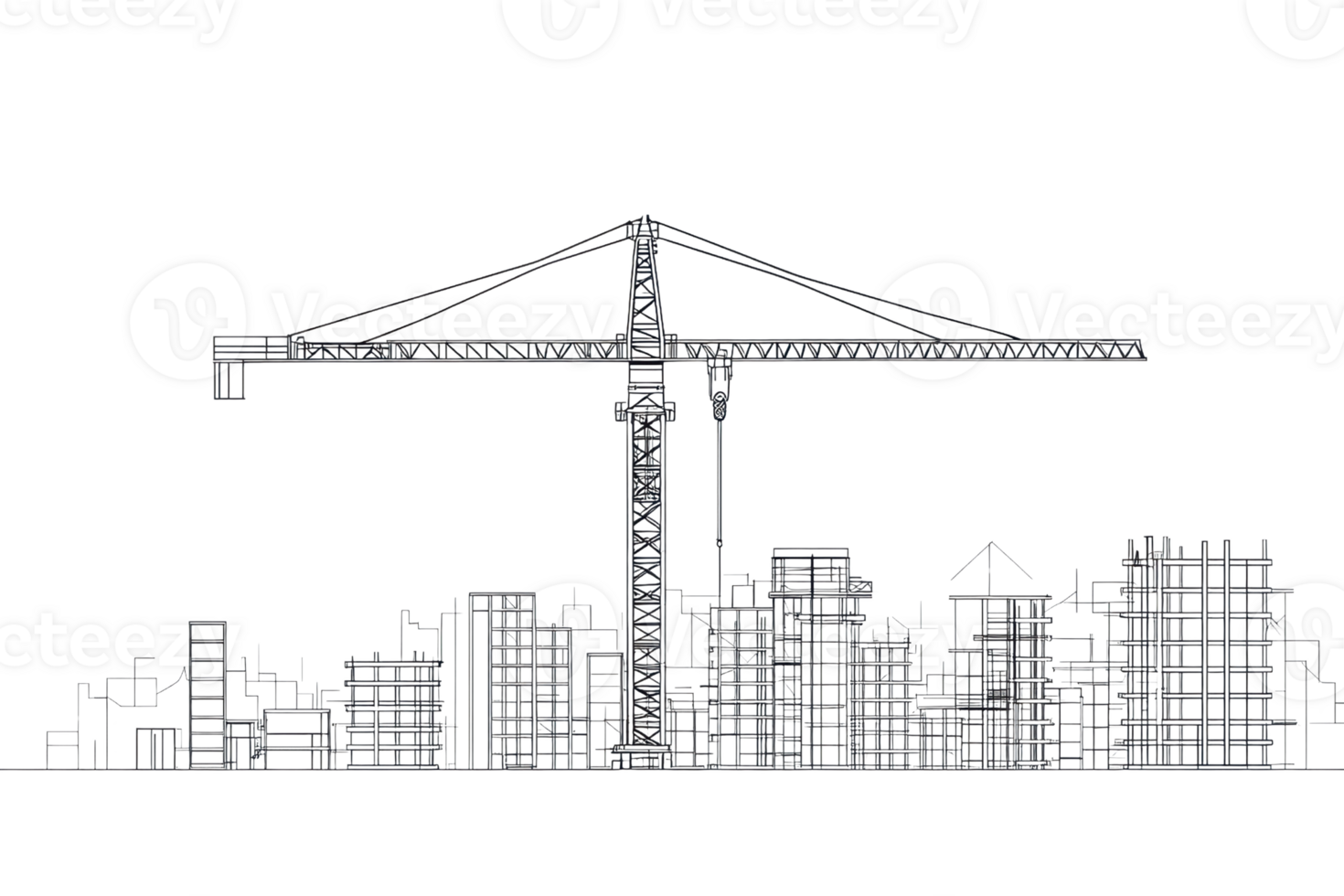 A construction crane towering over a series of building outlines, illustrating urban development and architectural progress. png
