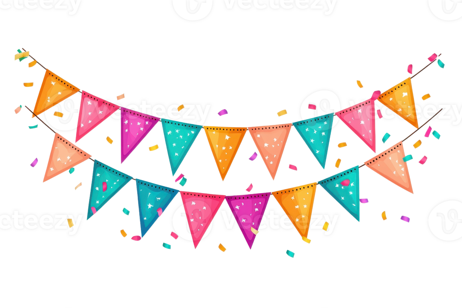 Colorful party banners with vibrant triangular flags and confetti, perfect for celebrations and festive occasions. png