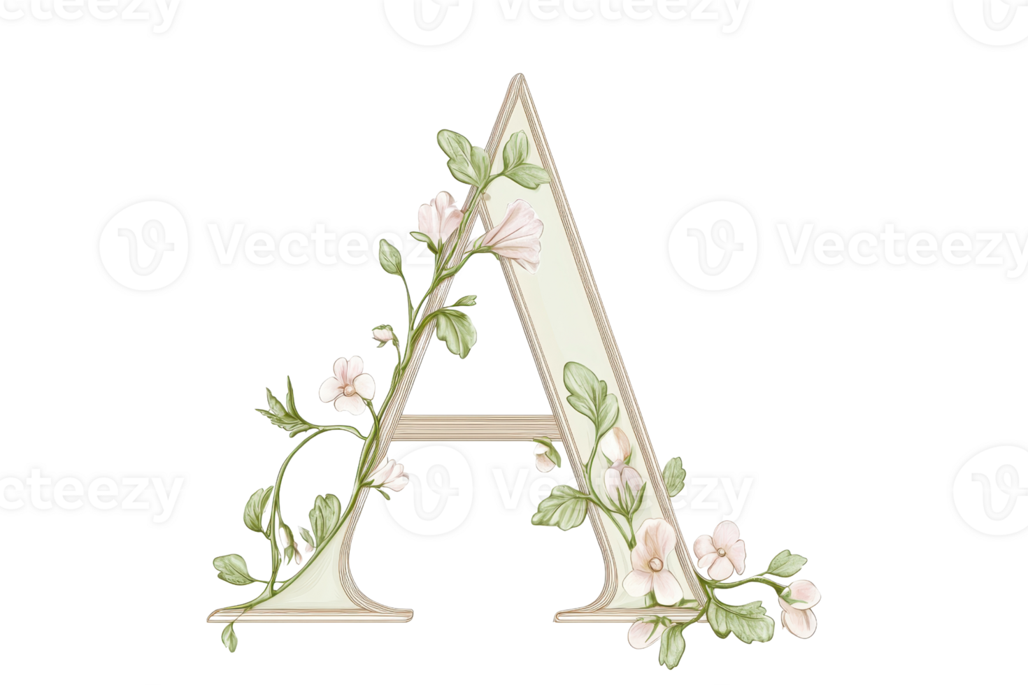 A floral letter A adorned with delicate flowers and green leaves, showcasing an elegant design. png