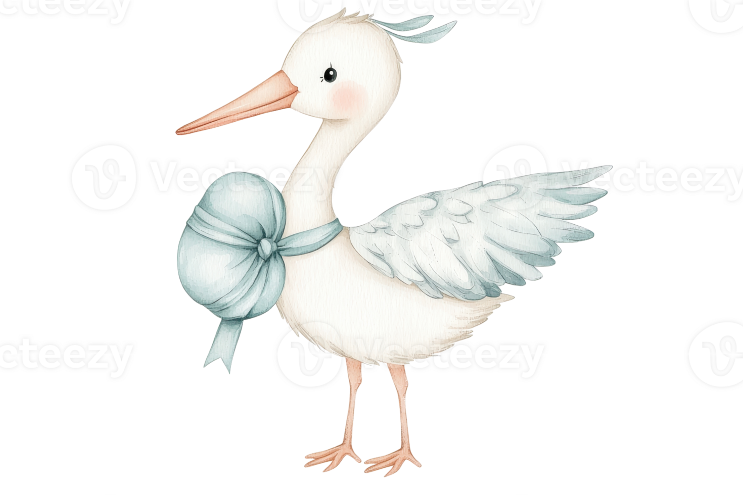 A whimsical stork with a decorative bow, symbolizing new beginnings and innocence, stands elegantly. png