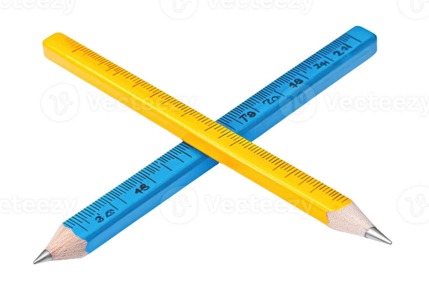 Two colored pencils, one blue and one yellow, are crossed in an angled position, showcasing their sharpened tips and measurement markings. png