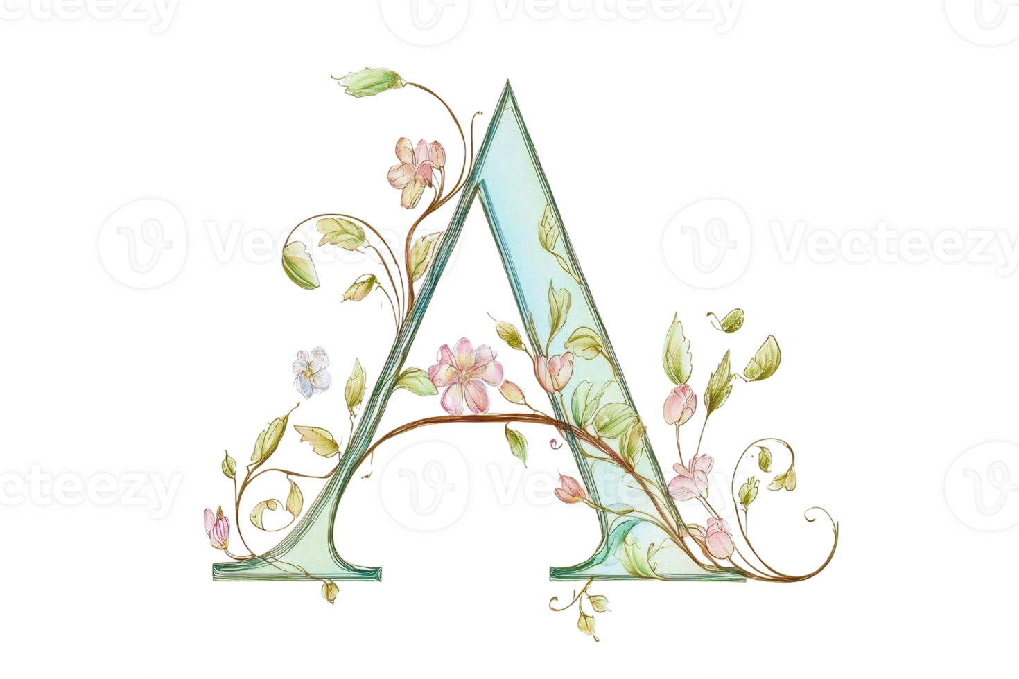 A decorative letter A adorned with floral elements and soft colors, creating an elegant and artistic appearance. png