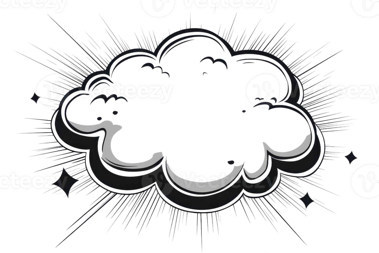A stylized cloud with swirling edges, surrounded by radiating lines, creating a dramatic visual effect. png