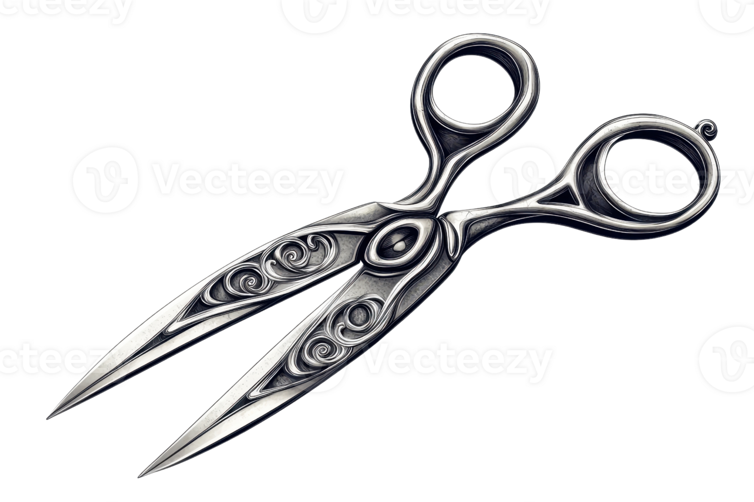 Elegantly designed scissors with a polished finish and intricate detailing on the handles. png