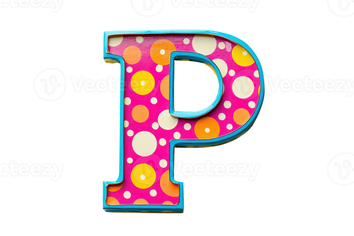 A vibrant, decorative letter P featuring colorful polka dots and outlined in blue, showcasing playful and artistic flair. png